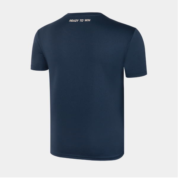 Navy blue short-sleeve T-shirt viewed from the back with 'READY TO WIN' near the neckline.