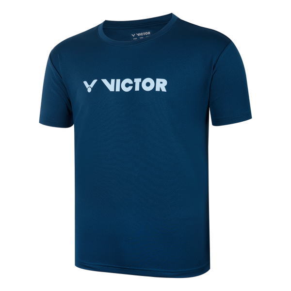 Blue Victor short-sleeve t-shirt with a white logo across the chest.