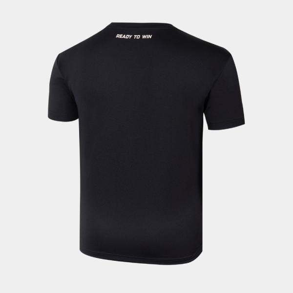 Back view of a black short-sleeve T-shirt with 'READY TO WIN' printed at the neckline/upper back. The shirt has a curved hem and snug fit.