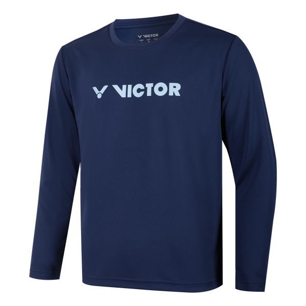 Navy blue long-sleeve athletic shirt with light blue 'VICTOR' logo on chest