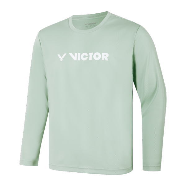 Mint green long-sleeve athletic shirt with a white Victor logo on the chest (front view).