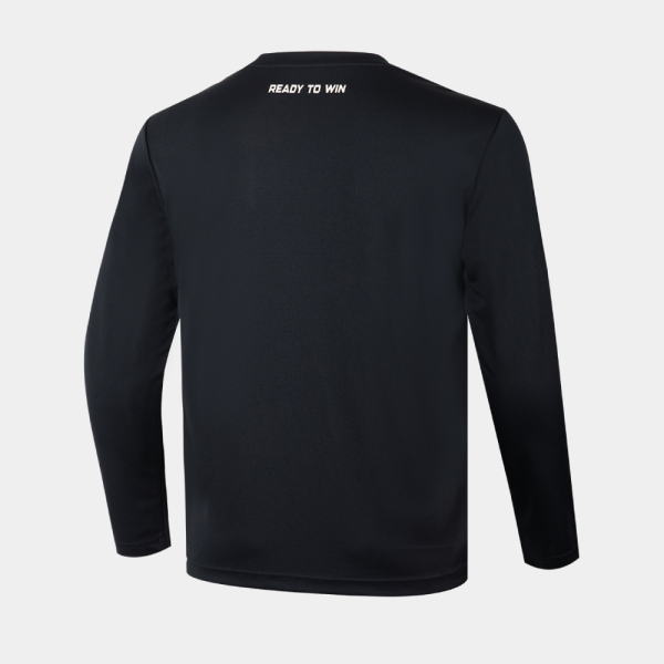 Back view of a black long-sleeve athletic shirt with a small white 'READY TO WIN' slogan near the neckline at the top back.