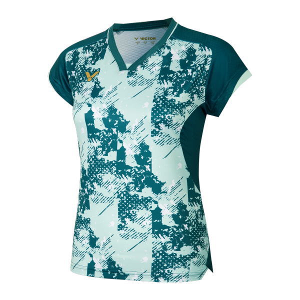 Teal and light-blue patterned athletic jersey with a V-neck and dark teal side panels.