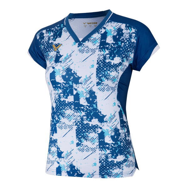 Blue and white abstract-pattern athletic jersey with short sleeves and V-neck.