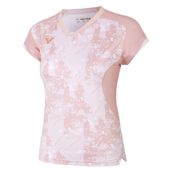 Pink patterned women's athletic shirt with short sleeves and a V-neck; Victor logo on the left chest.