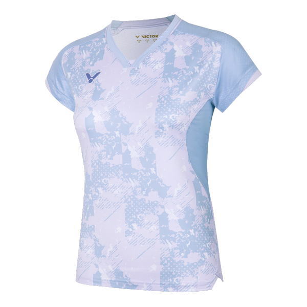 Women's light blue patterned athletic jersey with V-neck and Victor logo on the chest.