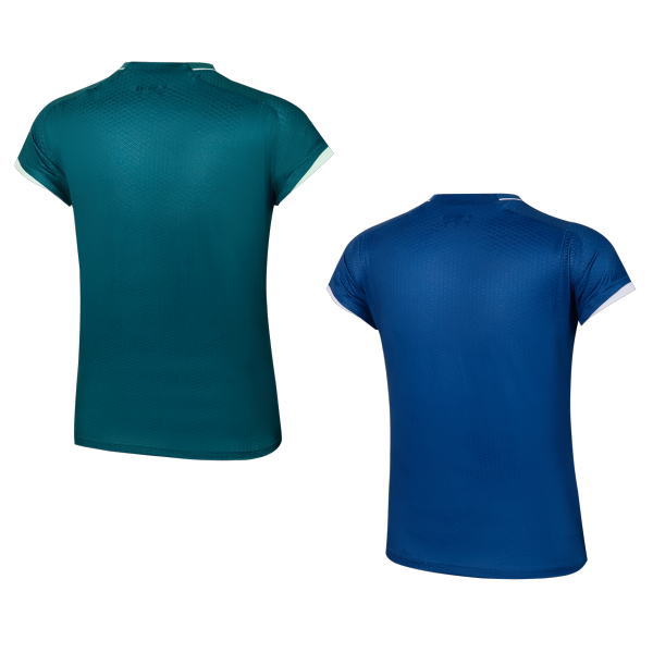Two short-sleeve athletic shirts in teal and royal blue shown from the back, with mesh fabric texture.