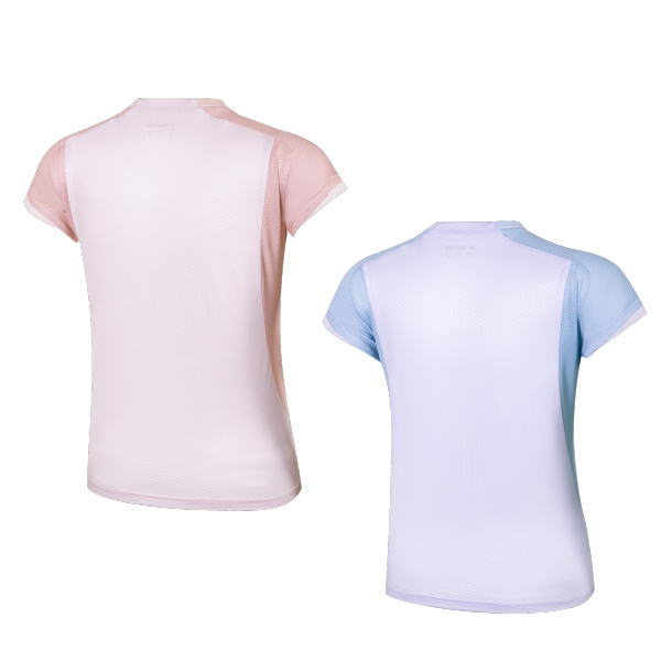Back view of two short-sleeve athletic T-shirts: pink on the left and light blue on the right, shown side by side on a white background.