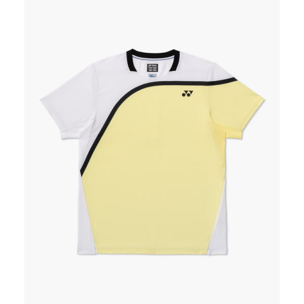 White and pale yellow athletic jersey with a curved black seam and Yonex logo on the chest, short sleeves.
