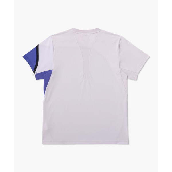 Back view of a light lavender short-sleeve T-shirt with a blue and black color-block on the left sleeve.