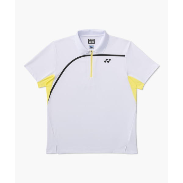White polo shirt with short sleeves, yellow side panels, and a black curved stripe across the chest; tennis brand logo near the chest pocket area.