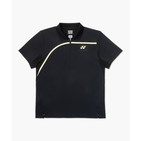 Black short-sleeve polo with a light yellow curved stripe across the chest and a small logo on the left chest area.