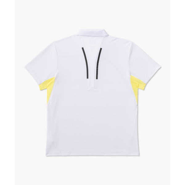 Back view of a white polo shirt with yellow side panels and black zipper details across the back.