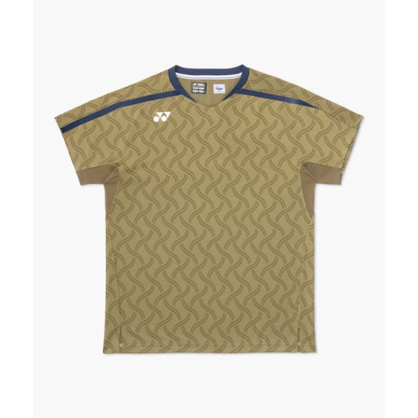 Tan athletic shirt with a repeating wavy pattern, navy piping along the shoulders and collar, and a small white brand logo on the left chest.