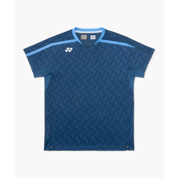 Blue athletic T-shirt with a wavy pattern, light-blue trim at the shoulders and cuffs, Yonex logo on the left chest.