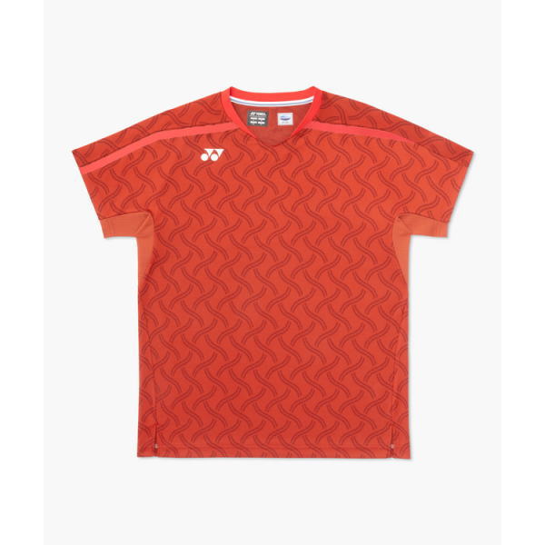 Red athletic T-shirt with an allover wavy pattern and a white Yonex logo on the chest, short sleeves.