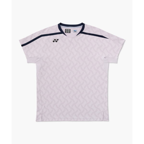 Light pink short-sleeve sports shirt with a wavy pattern, dark navy trim at the collar and across the shoulders, and a Yonex logo on the left chest.