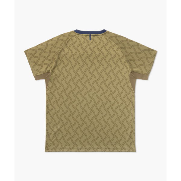 Tan short-sleeve T-shirt with a blue collar trim, shown from the back, featuring a repeating tan wavy pattern.