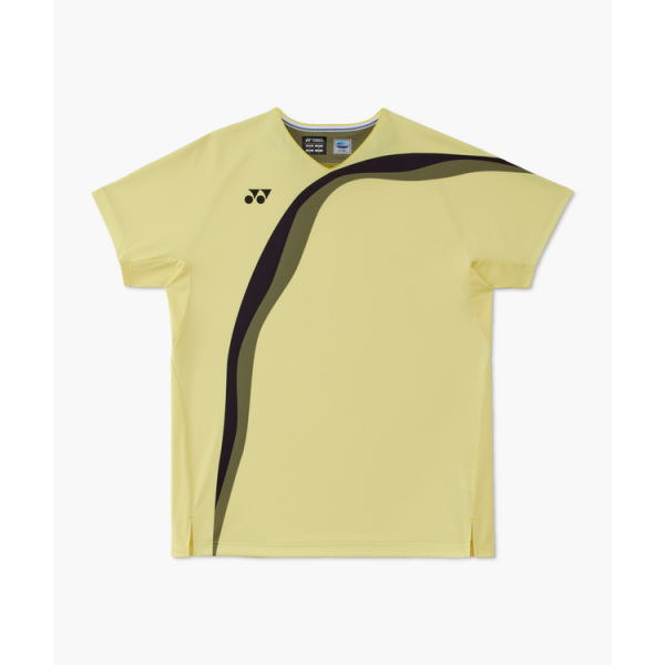 Light yellow athletic T-shirt with a black curved stripe across the front and Yonex logo on the chest.