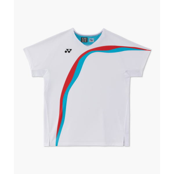 White sports T-shirt with a red and cyan curved stripe design across the front and a small black logo on the chest.