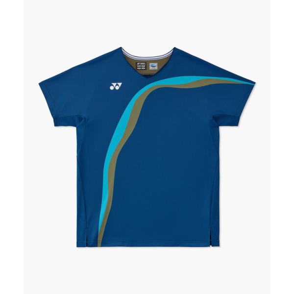 Blue athletic T-shirt with a multicolored curved stripe design (turquoise, blue, and olive) and a small white logo on the chest.
