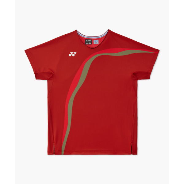 Red athletic jersey with a pale green diagonal stripe and the Yonex logo on the chest