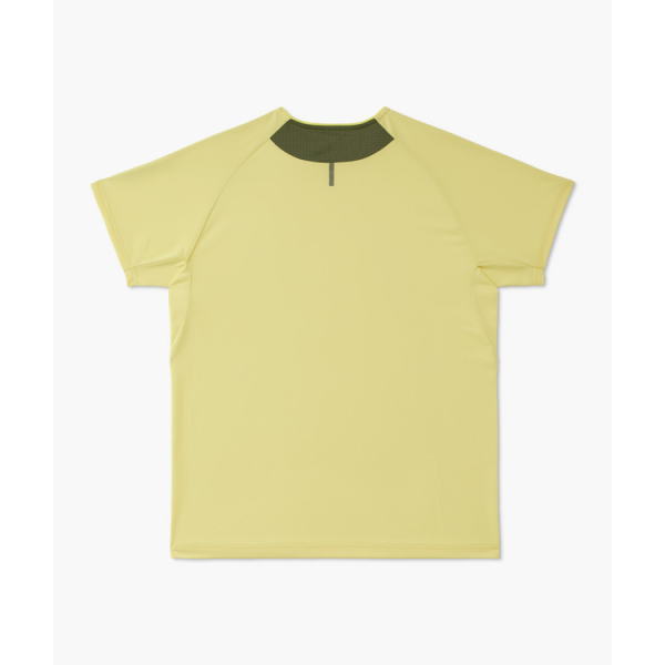 Light yellow short-sleeve T-shirt laid flat with a dark gray neckline seen from the front.