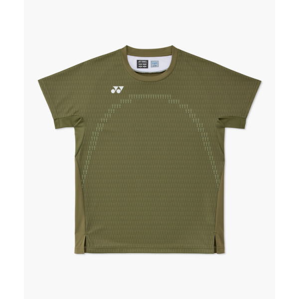 Olive green short-sleeve athletic shirt with a dotted arc pattern on the front and a small Yonex logo on the chest.