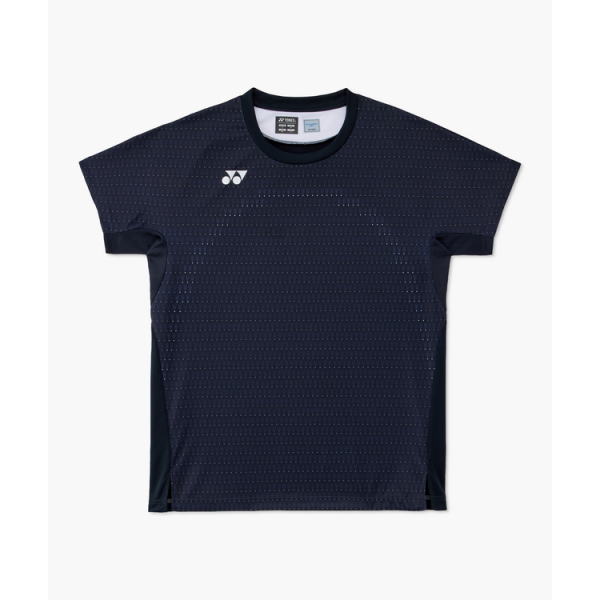 Navy blue perforated athletic t-shirt with Yonex logo on the chest and dark side panels, lightweight performance fabric.