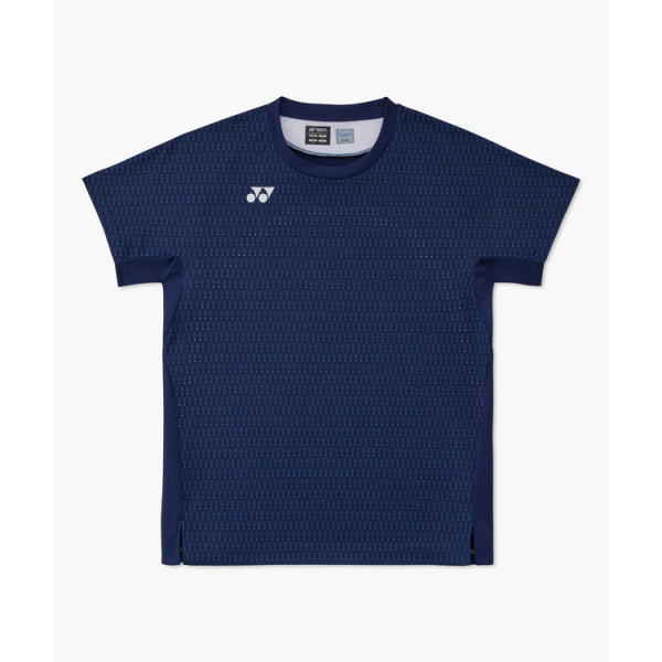 Navy blue athletic T-shirt with a subtle grid texture, white collar trim, and small brand logo on the left chest.