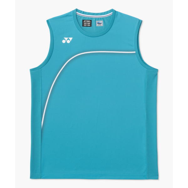 Turquoise sleeveless athletic shirt with white curved piping and Yonex logo on the chest side.