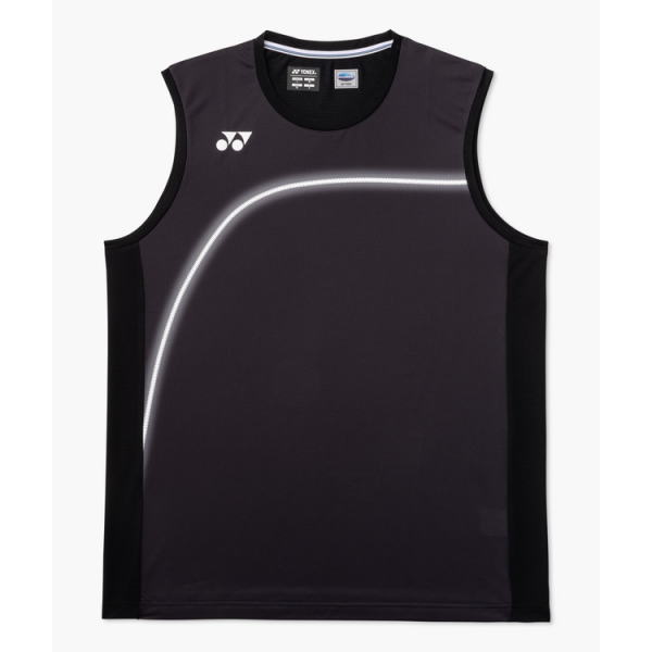 Dark purple sleeveless tennis jersey with black side panels and a white curved stripe; Yonex logo on the chest area.