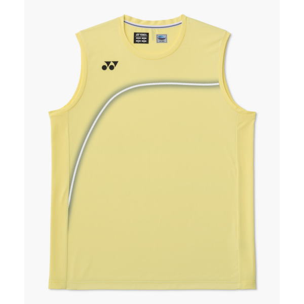 Yellow sleeveless athletic jersey with a curved silver stripe and Yonex logo on the chest (badminton/training top). ⚑