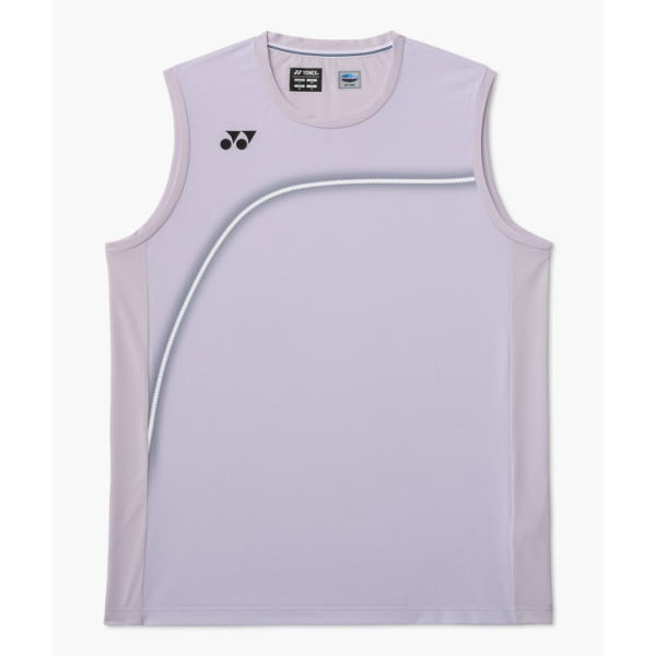 Lavender sleeveless sports jersey with a white curved line design across the front and a small black Yonex logo on the left chest.