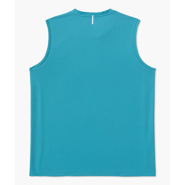Back view of a teal sleeveless tank top laid flat on a white background”,