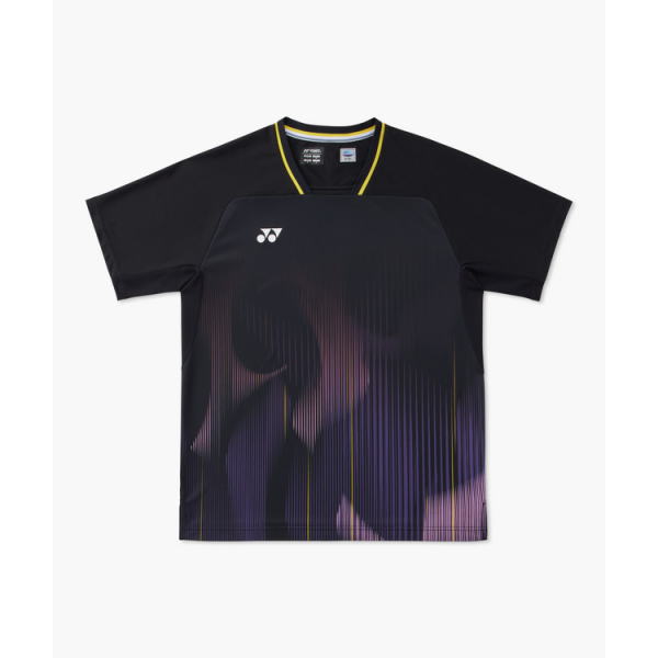 Black short-sleeve sports jersey with an abstract purple-gradient pattern, yellow collar trim, Yonex logo on the chest.