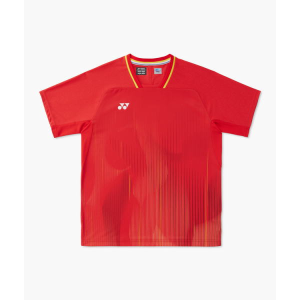 Red short-sleeve sports jersey with a yellow-trim collar and a small white logo on the left chest.
