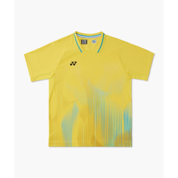 Yellow sports jersey with blue neckline and abstract teal vertical stripes on the front, brand logo on left chest.