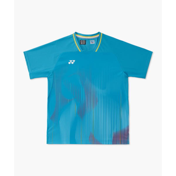 Front view of a blue athletic short-sleeve shirt with a subtle abstract pattern and a small white brand logo on the left chest.