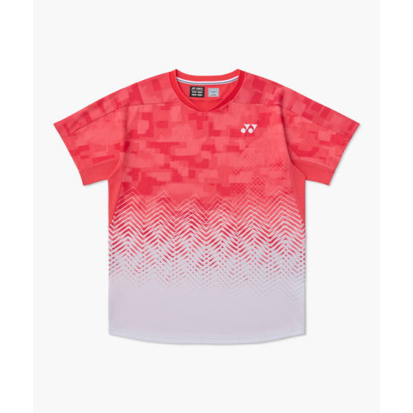Red-to-pink gradient short-sleeve sports tee with pixel pattern fading to white and a small Yonex logo on the chest near the shoulder edge