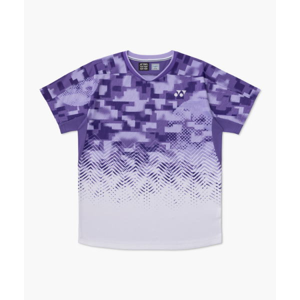 Purple gradient sports jersey with a pixelated pattern and a small logo on the chest, set against a light background.