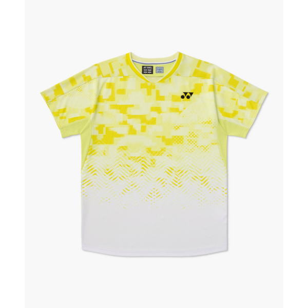 Yellow-to-white gradient sports jersey with a pixel-like pattern and a small Yonex logo on the chest