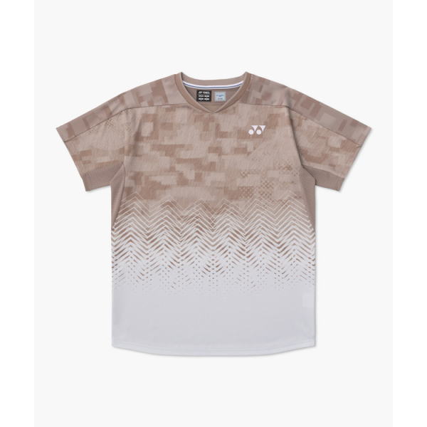 Beige gradient short-sleeve sports T-shirt with a pixel-like pattern fading to white, left-chest Yonex logo.
