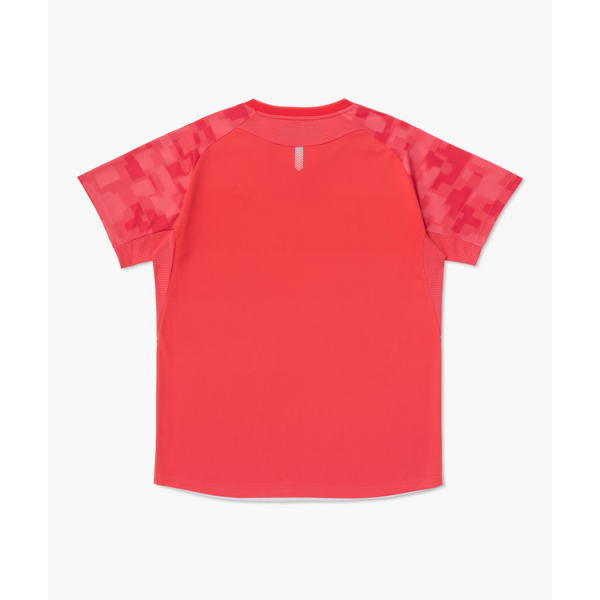 Back view of a bright pink/red short-sleeve kids' T-shirt with patterned sleeves.