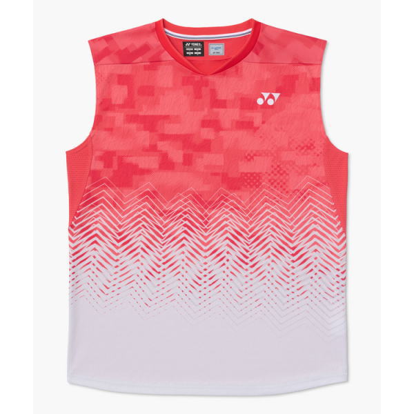 Red-to-white gradient sleeveless athletic jersey with pixel-like pattern and white zigzag chevrons at the bottom; Yonex logo on chest.