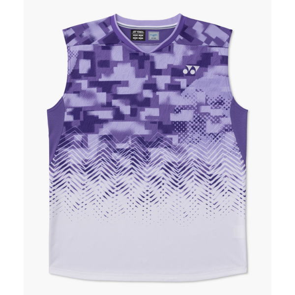 Purple gradient sleeveless sports jersey with pixelated camouflage pattern and a chevron fade toward the hem; Yonex logo on the chest.
