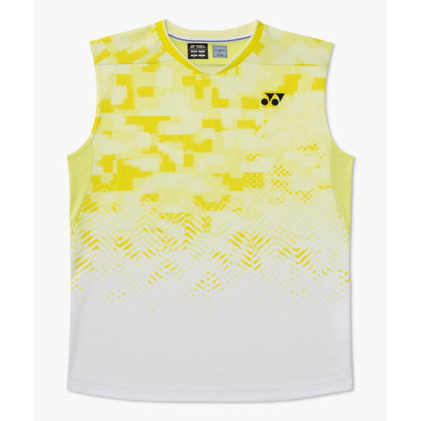 Yellow and white sleeveless athletic jersey with geometric gradient pattern and a small black Yonex logo on the chest.