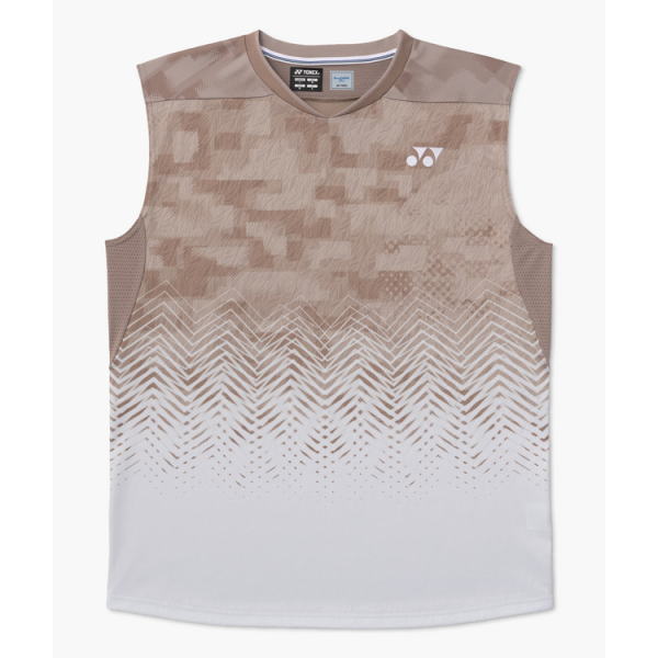 Tan sleeveless athletic jersey with a geometric tan-to-white gradient and chevron pattern, Yonex logo on the left chest.