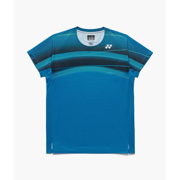 Blue athletic T-shirt with turquoise and dark teal horizontal stripes across the chest and a small white Yonex logo on the left chest area.