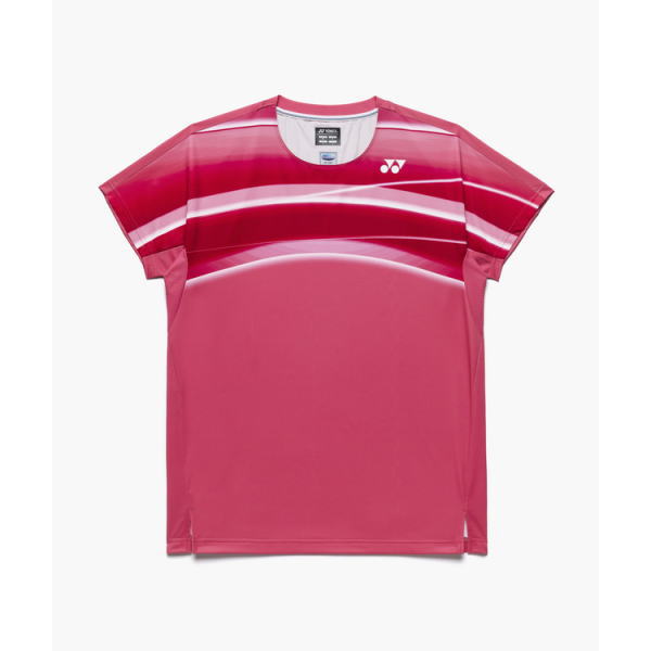 Pink short-sleeve athletic jersey with dark pink horizontal stripes across the chest and a small white Yonex logo on the left